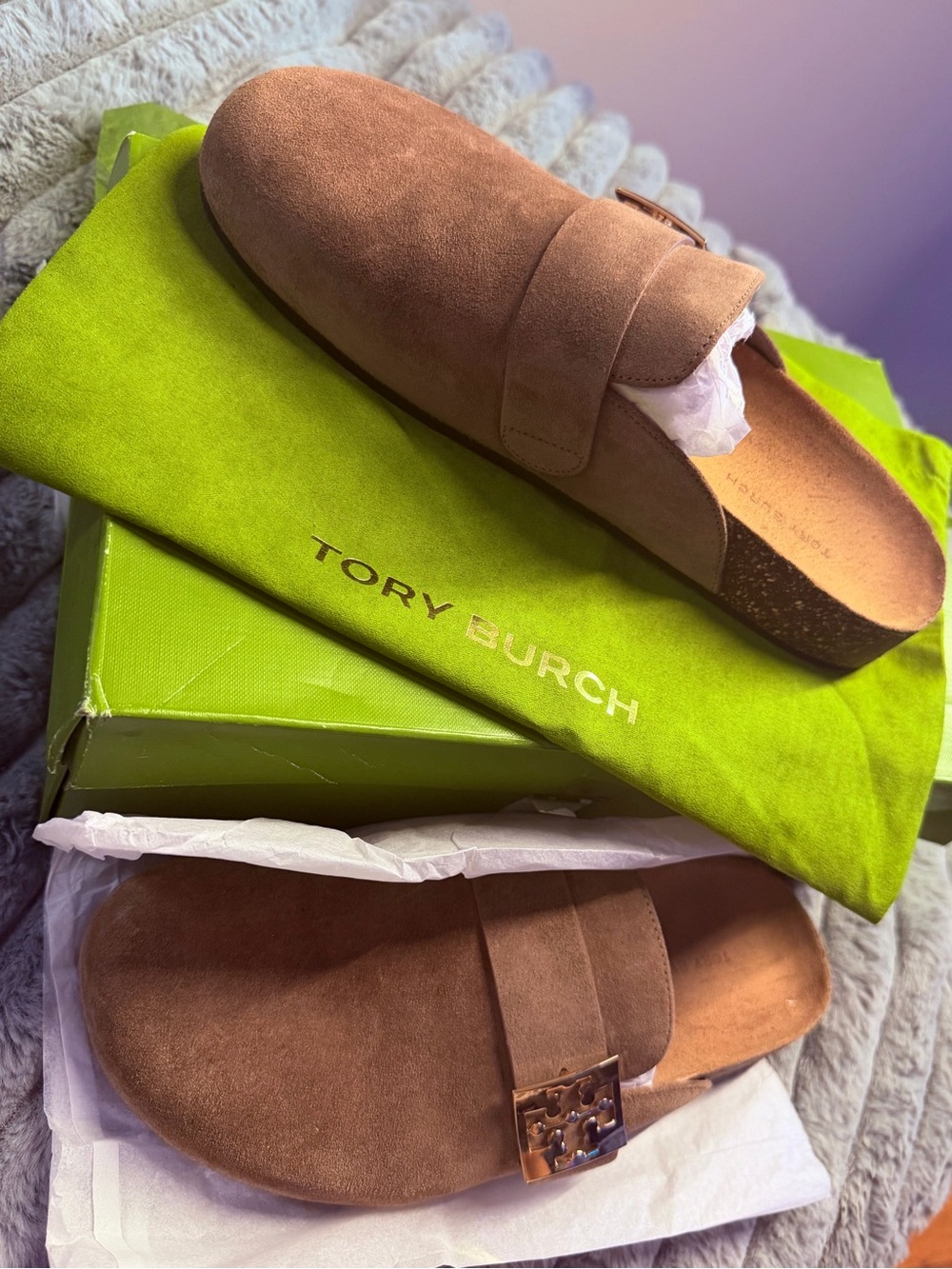 Tory Burch Taupe Suede Slip-On Clogs with Logo Accent - Picture 2 of 5
